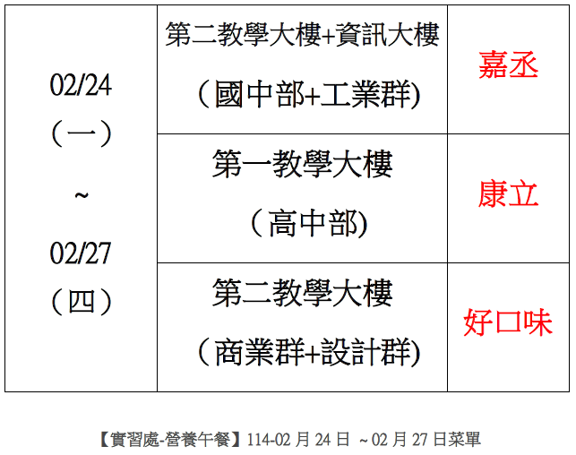 【實習處-營養午餐】114-02月24日 ~ 02月27日菜單