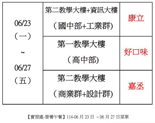 【實習處-營養午餐】114-06月23日 ~ 06月27日菜單